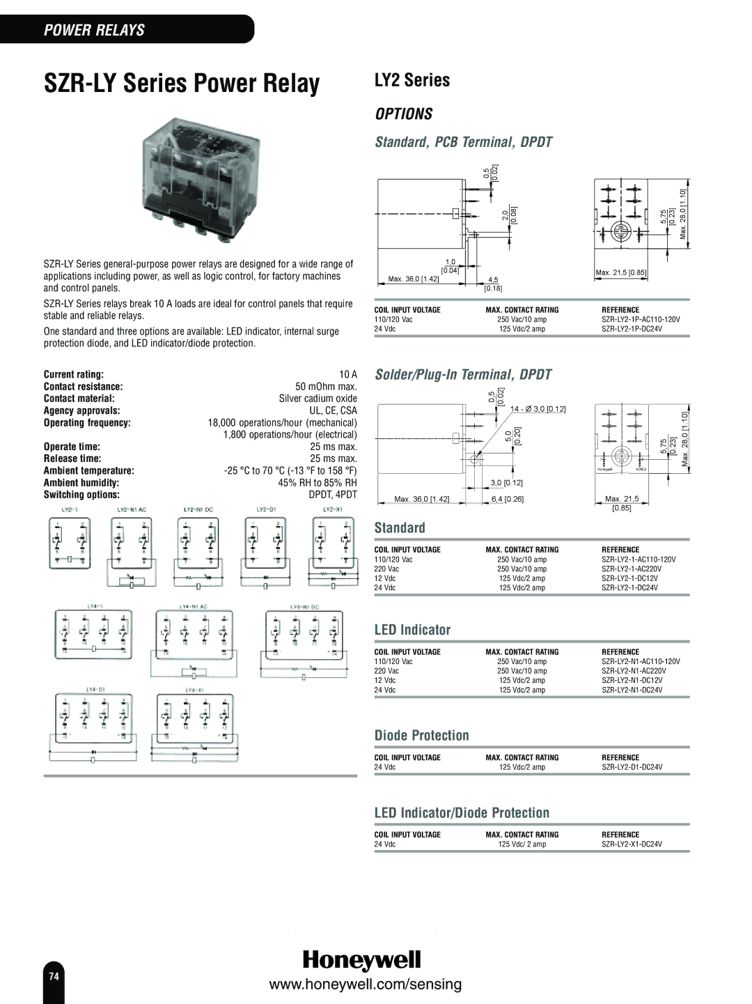 Honeywell Switches and Sensors manual LY2 Series, Standard, PCB Terminal, Dpdt, Diode Protection 