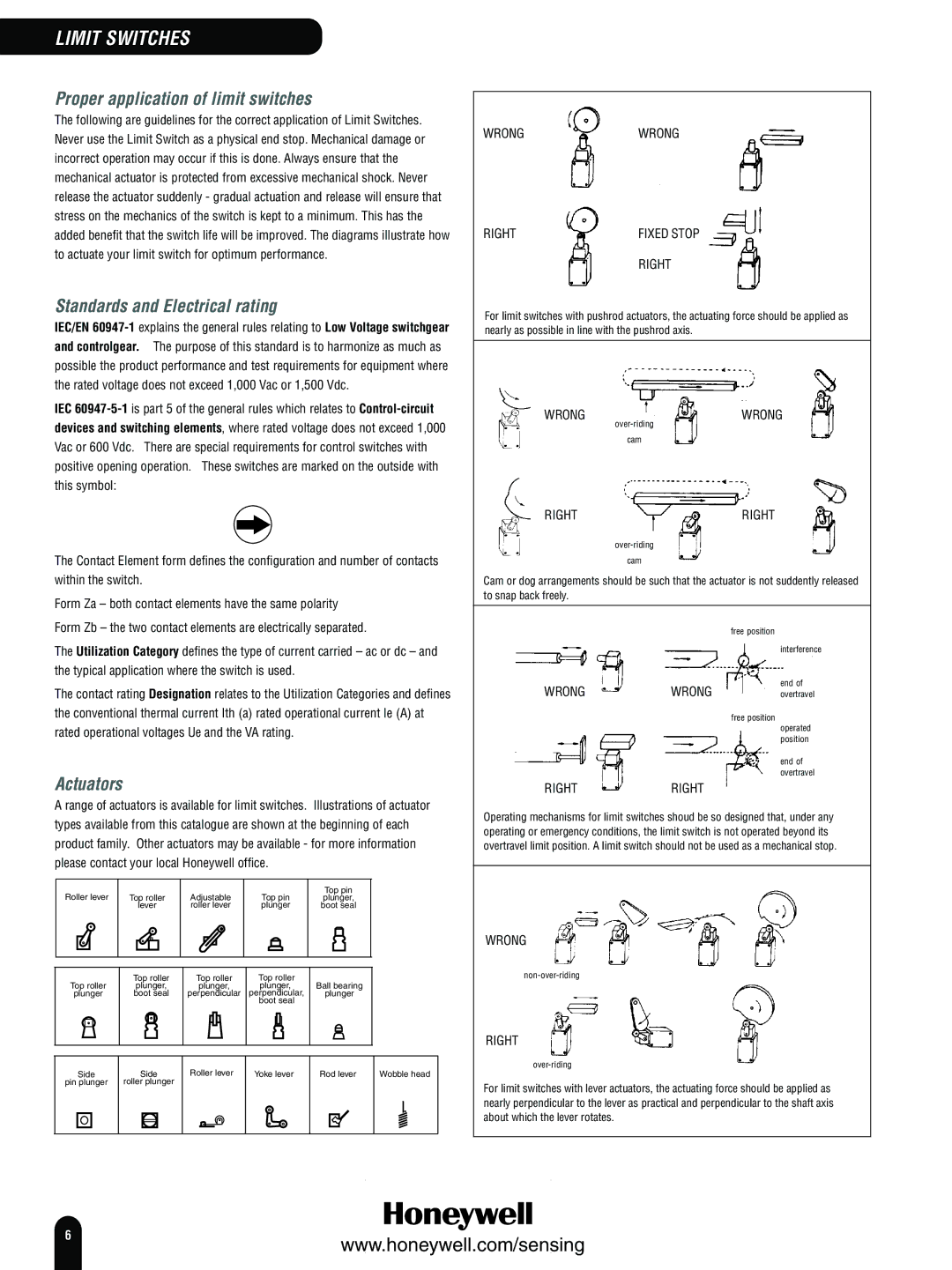 Honeywell Switches and Sensors manual Standards and Electrical rating, To actuate your limit switch for optimum performance 