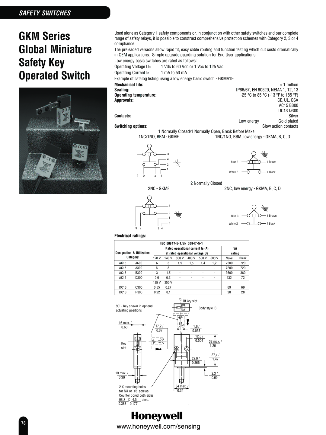 Honeywell Switches and Sensors manual GKM Series Global Miniature Safety Key Operated Switch, IP66/67, EN 60529, Nema 1, 12 