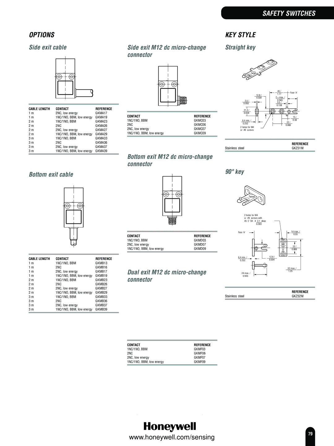 Honeywell Switches and Sensors Side exit cable, Bottom exit cable, Side exit M12 dc micro-change connector, Straight key 