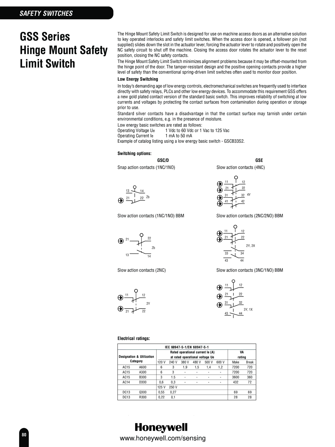 Honeywell Switches and Sensors manual GSS Series, Limit Switch, Low Energy Switching, Slow action contacts 1NC/1NO BBM 