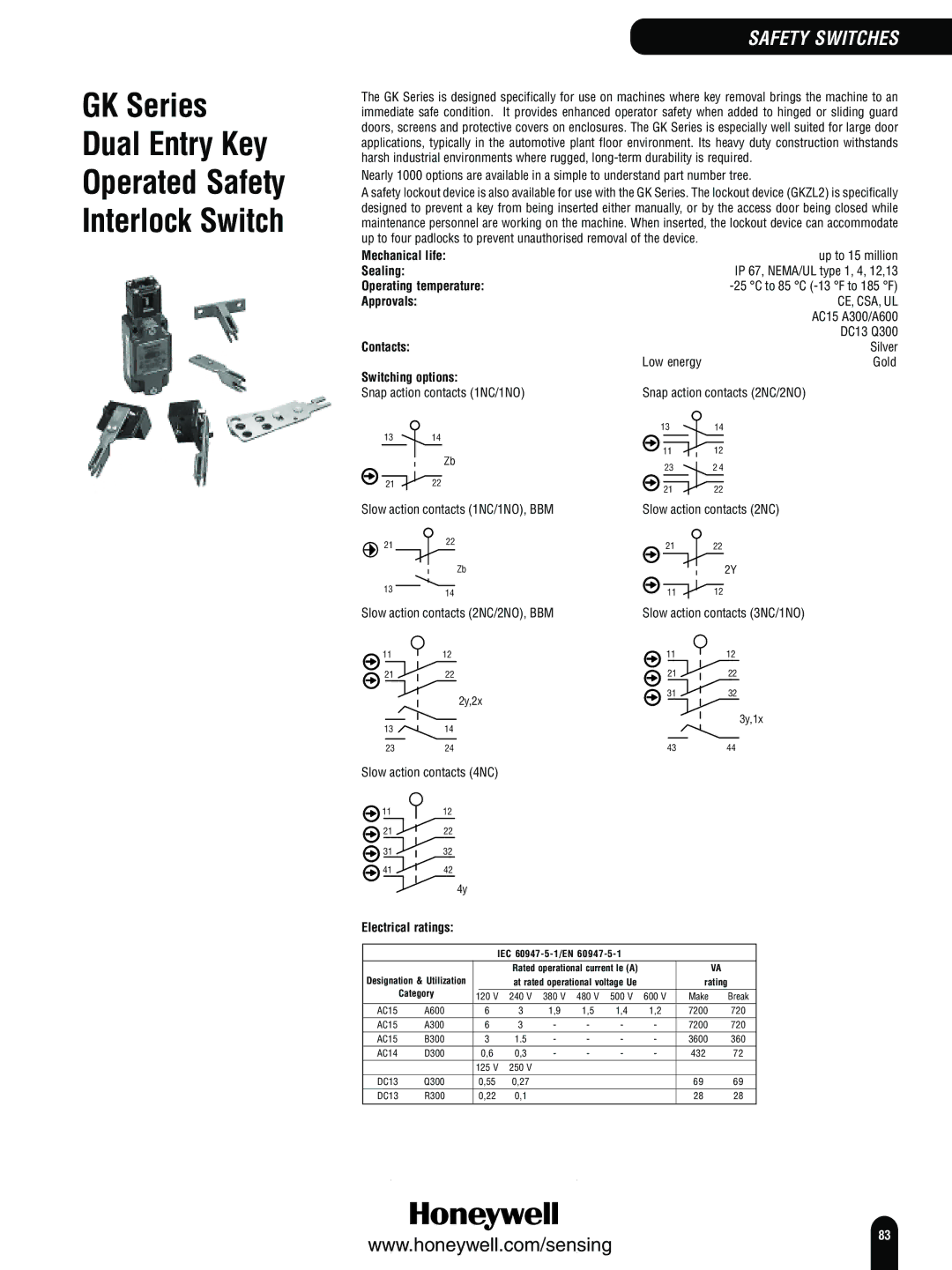 Honeywell Switches and Sensors GK Series Dual Entry Key Operated Safety Interlock Switch, IP 67, NEMA/UL type 1, 4, 12,13 