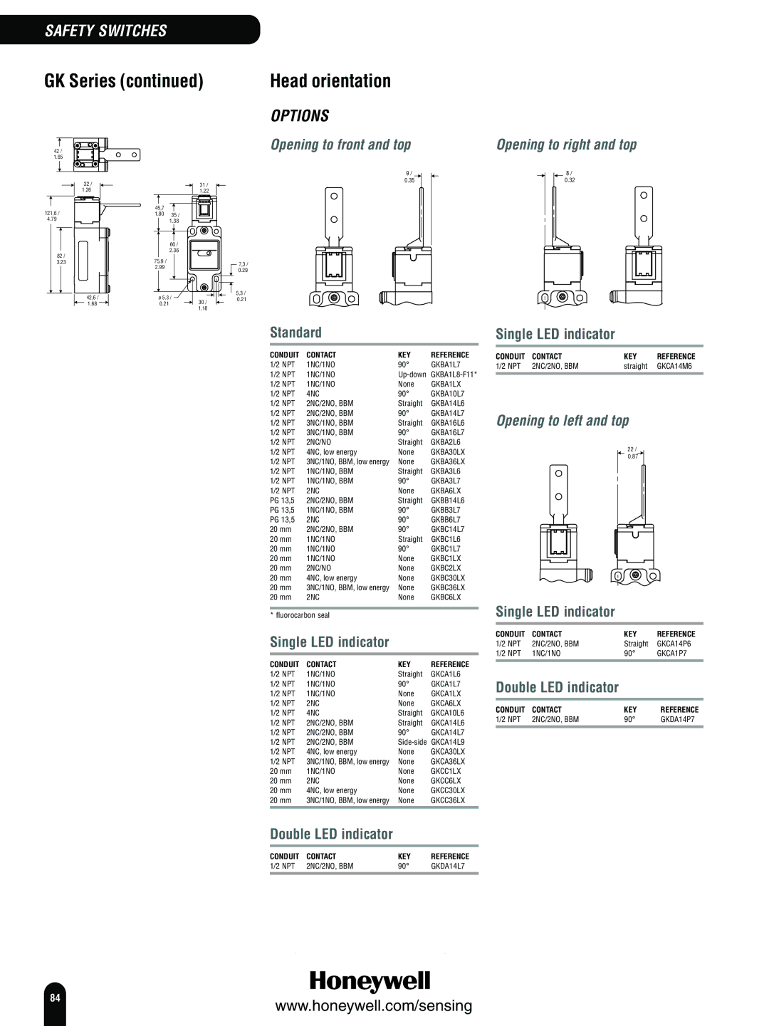 Honeywell Switches and Sensors Head orientation, Opening to front and top Opening to right and top, Single LED indicator 