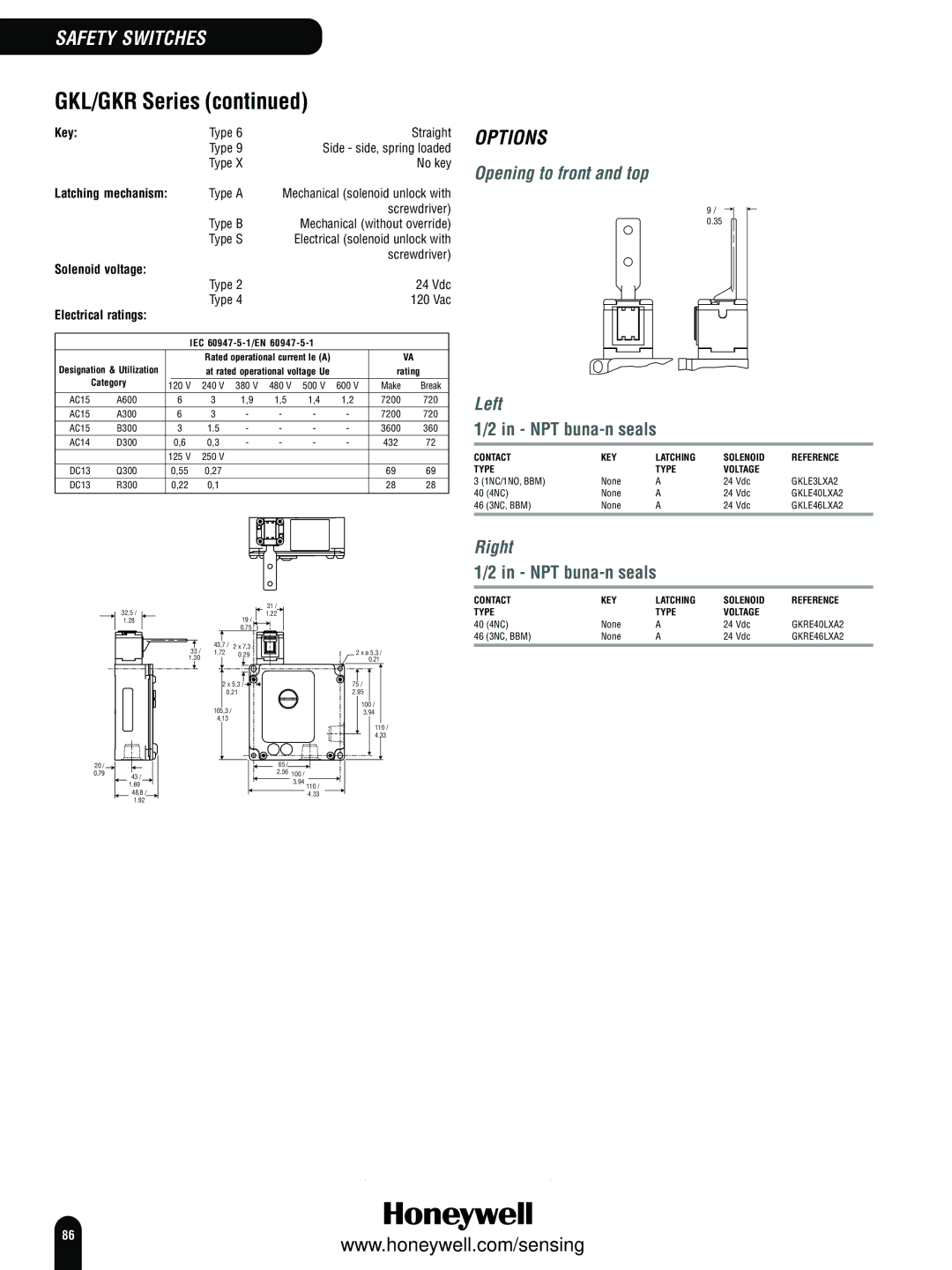 Honeywell Switches and Sensors manual GKL/GKR Series, Opening to front and top, Left, NPT buna-n seals, Right 