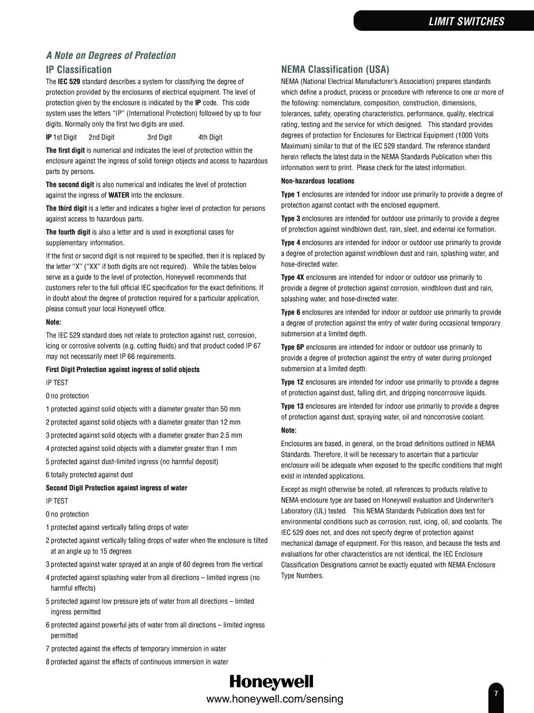 Honeywell Switches and Sensors manual IP Classification, Nema Classification USA, Non-hazardous locations 