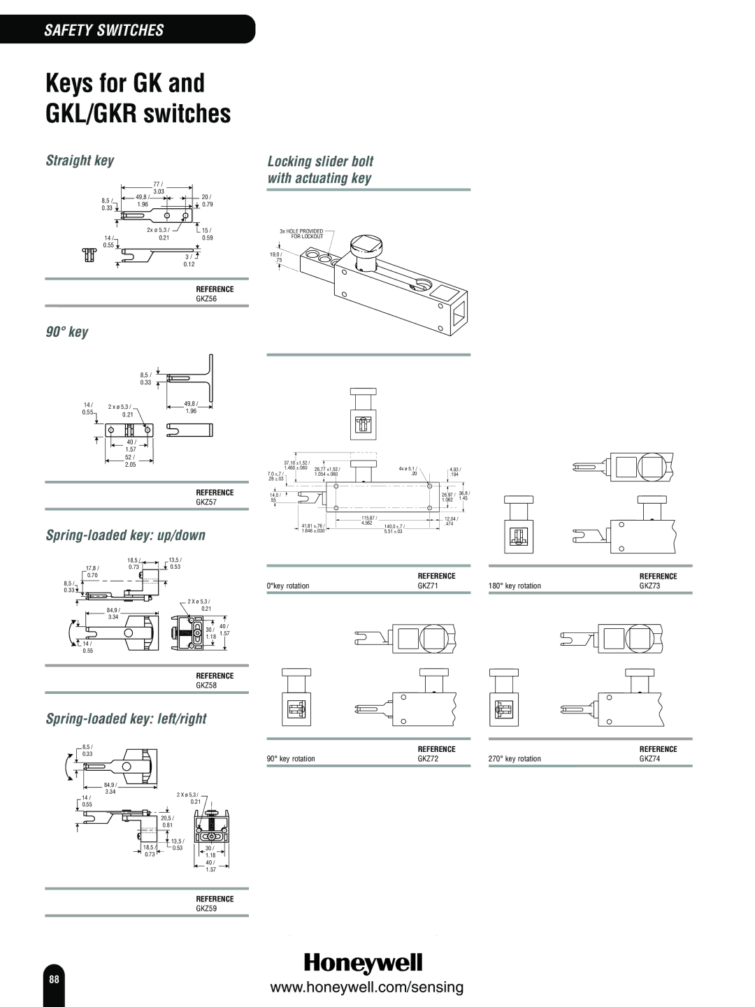 Honeywell Switches and Sensors manual Spring-loaded key up/down, Spring-loaded key left/right 