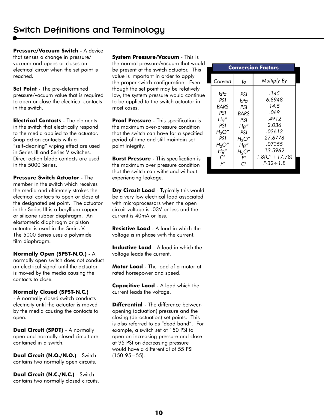 Honeywell Switches manual Conversion Factors 