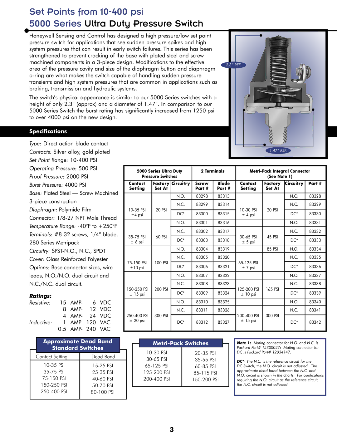 Honeywell Set Points from 10-400 psi, Specifications, Approximate Dead Band Standard Switches, Metri-Pack Switches 