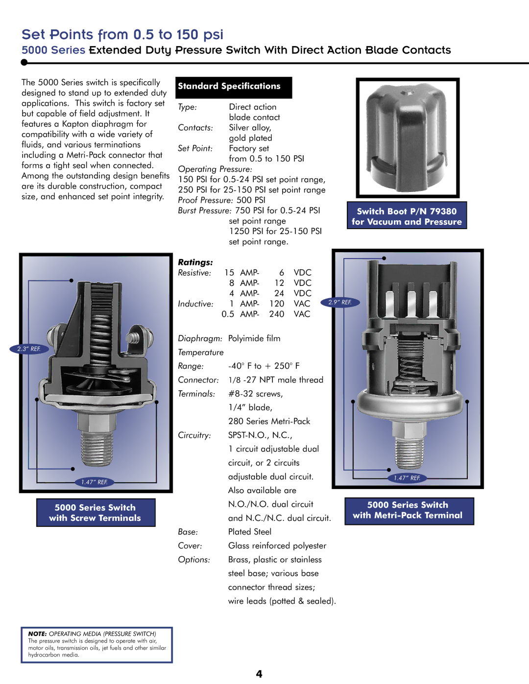 Honeywell Switches Set Points from 0.5 to 150 psi, Standard Specifications, Switch Boot P/N 79380 for Vacuum and Pressure 