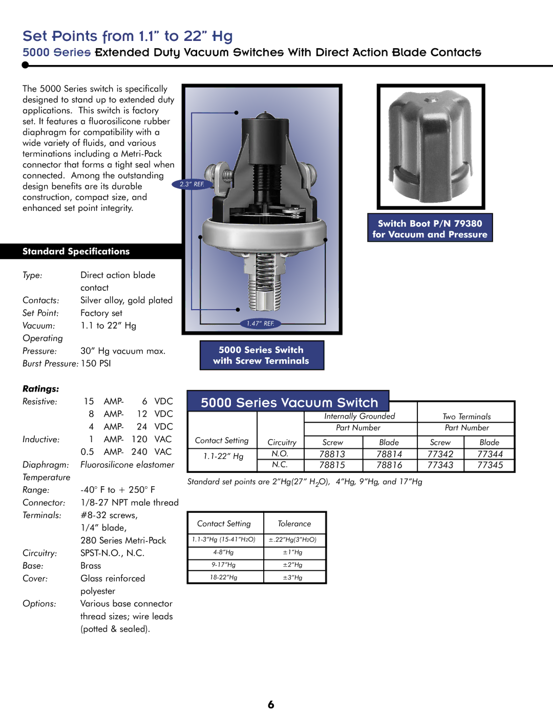 Honeywell Switches manual Set Points from 1.1 to 22 Hg, Pressure Hg vacuum max Burst Pressure 150 PSI, Base Brass 