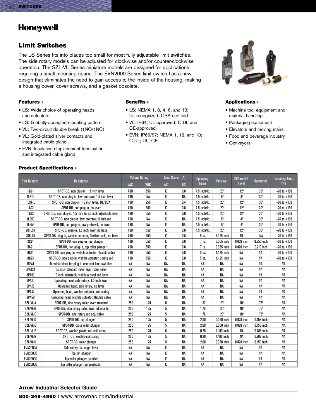 Honeywell EVN2000 Series specifications Limit Switches, Features u, Product Specifications u Benefits u, Applications u 