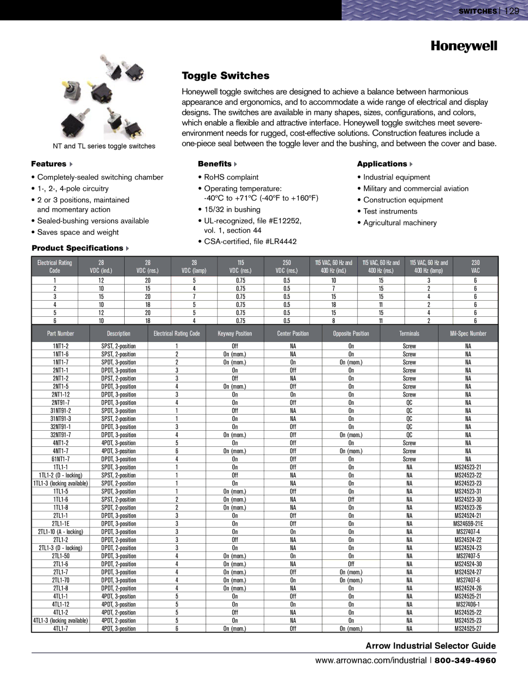 Honeywell SZL-VL Series, EVN2000 Series specifications Toggle Switches, Completely-sealed switching chamber 4-pole circuitry 