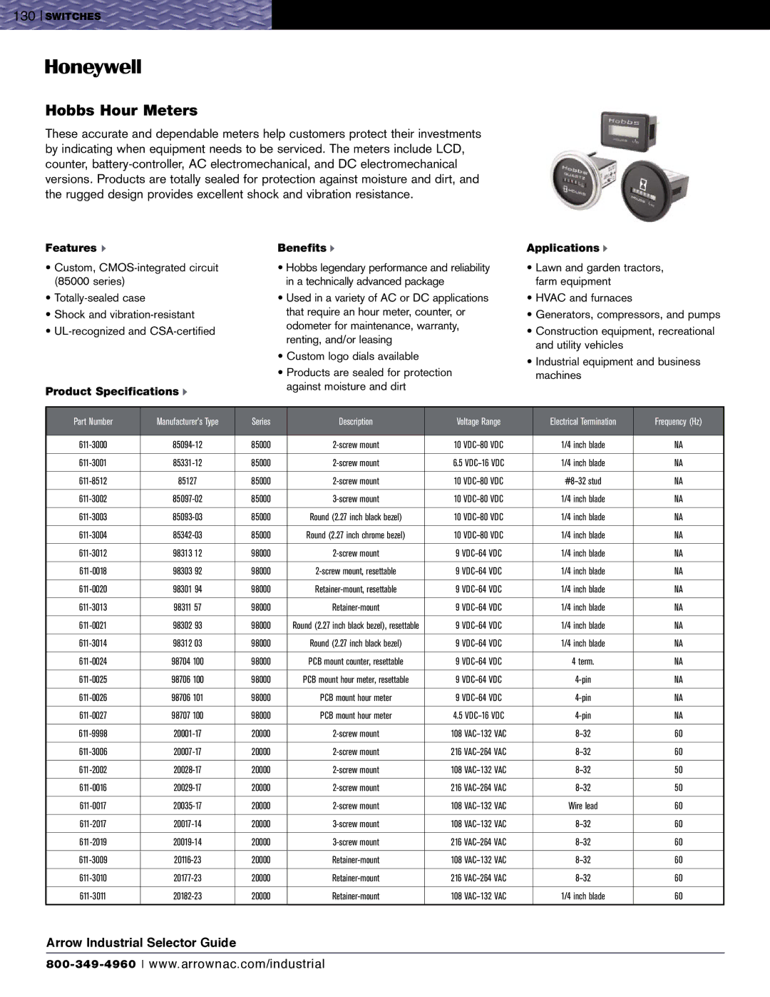 Honeywell EVN2000 Series, SZL-VL Series specifications Hobbs Hour Meters, Part Number, Series Description Voltage Range 