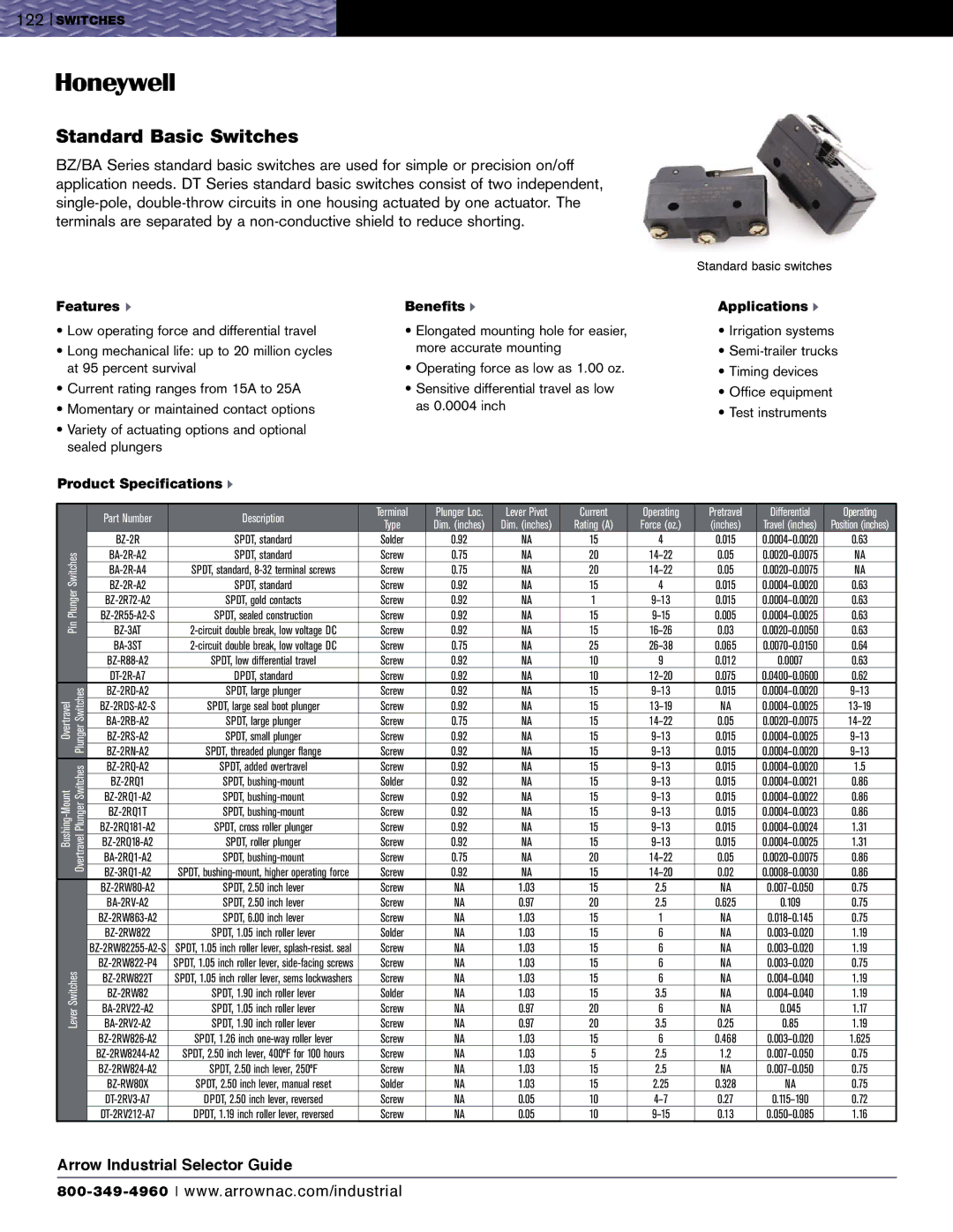 Honeywell EVN2000 Series, SZL-VL Series Standard Basic Switches, Product Specifications u, Benefits u Applications u 