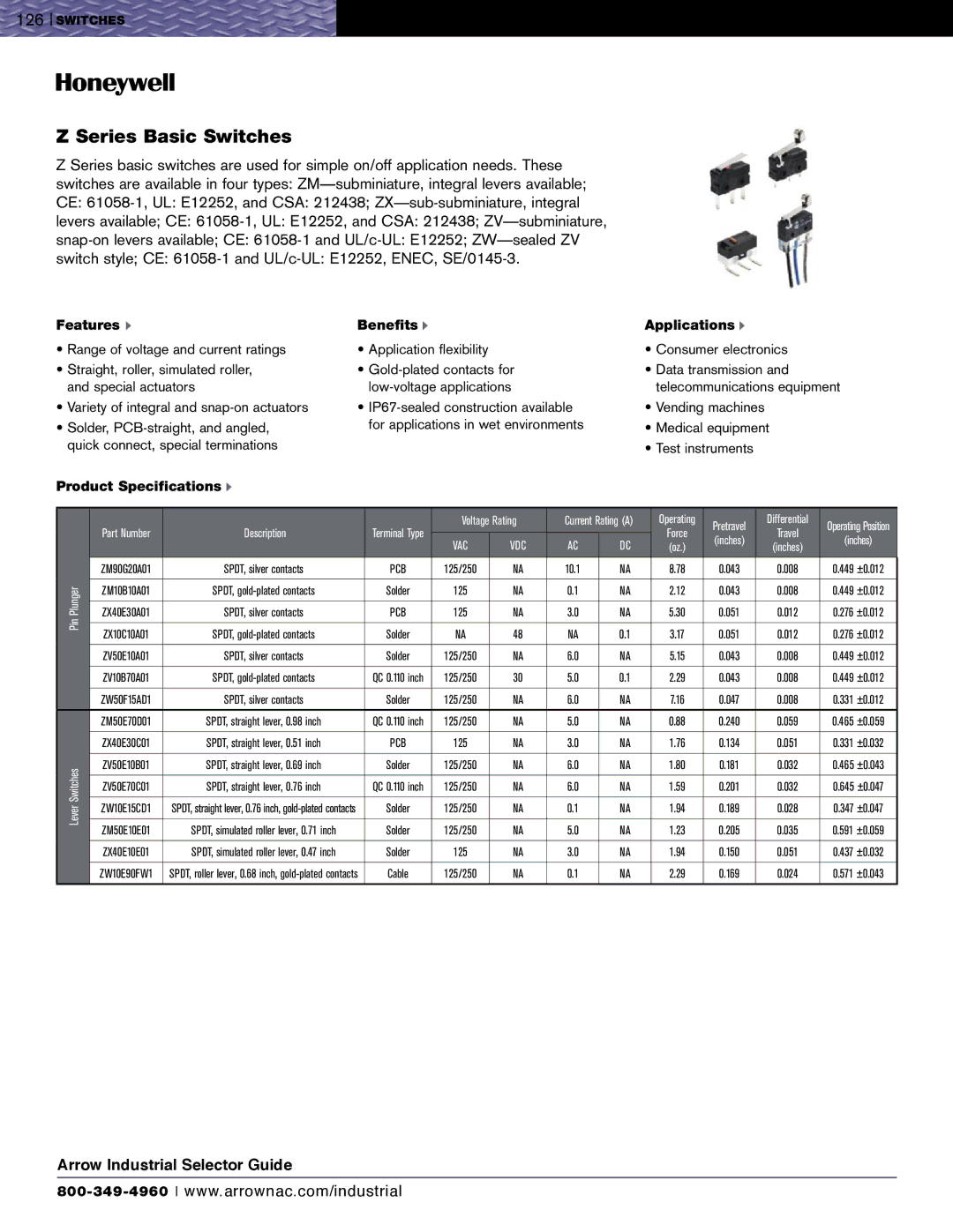 Honeywell EVN2000 Series, SZL-VL Series specifications Series Basic Switches, Features u Benefits u Applications u 