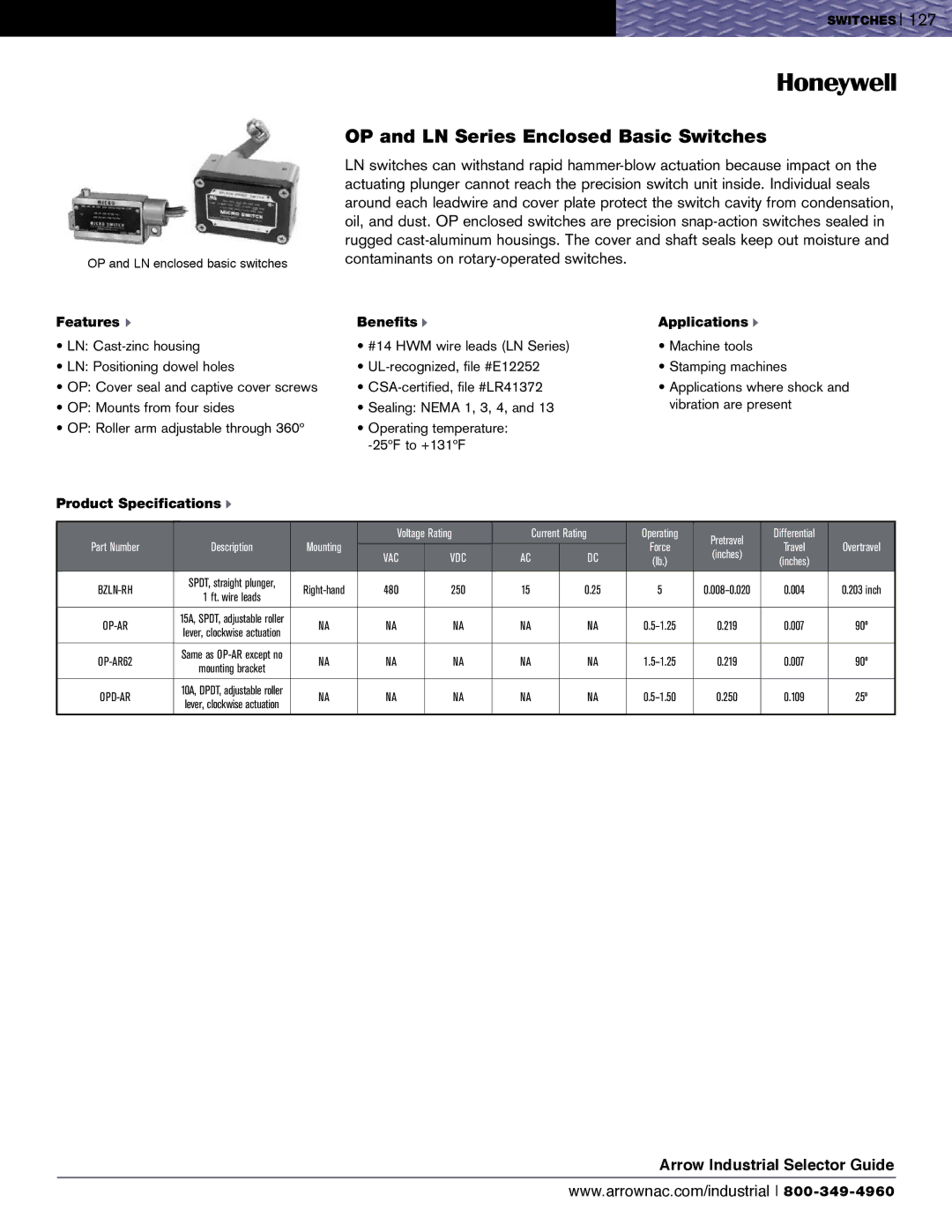 Honeywell SZL-VL Series, EVN2000 Series OP and LN Series Enclosed Basic Switches, Voltage Rating Current Rating 