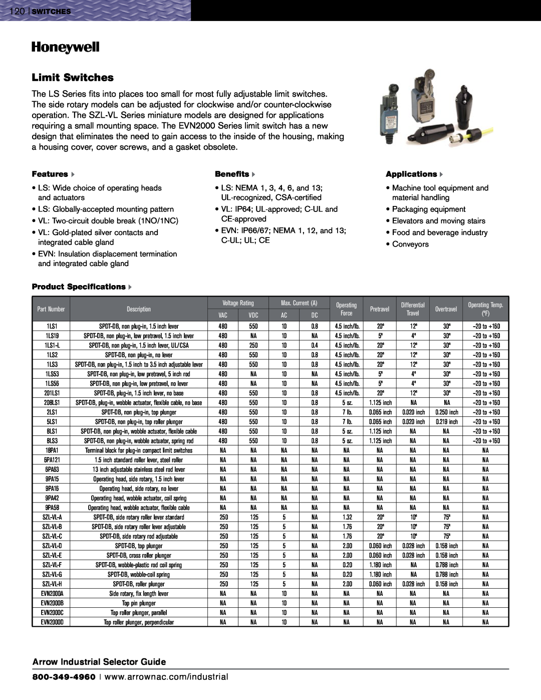 Honeywell EVN2000 Series specifications Limit Switches, Arrow Industrial Selector Guide, Features u, Benefits u 