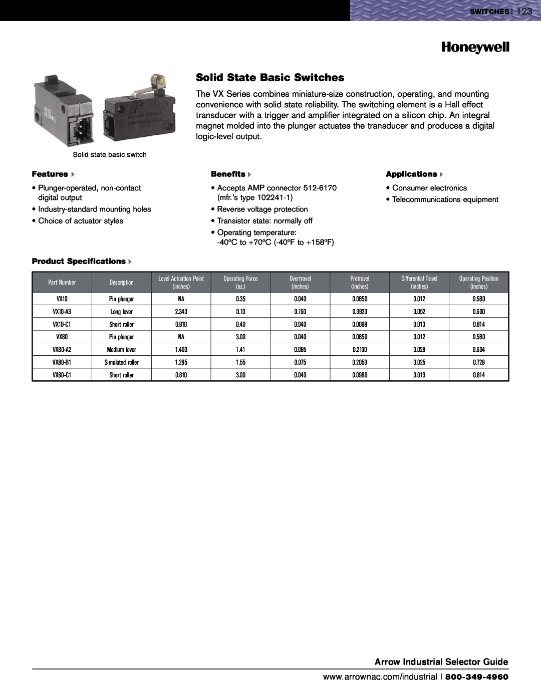 Honeywell SZL-VL Series specifications Solid State Basic Switches, Arrow Industrial Selector Guide, Features u, Benefits u 