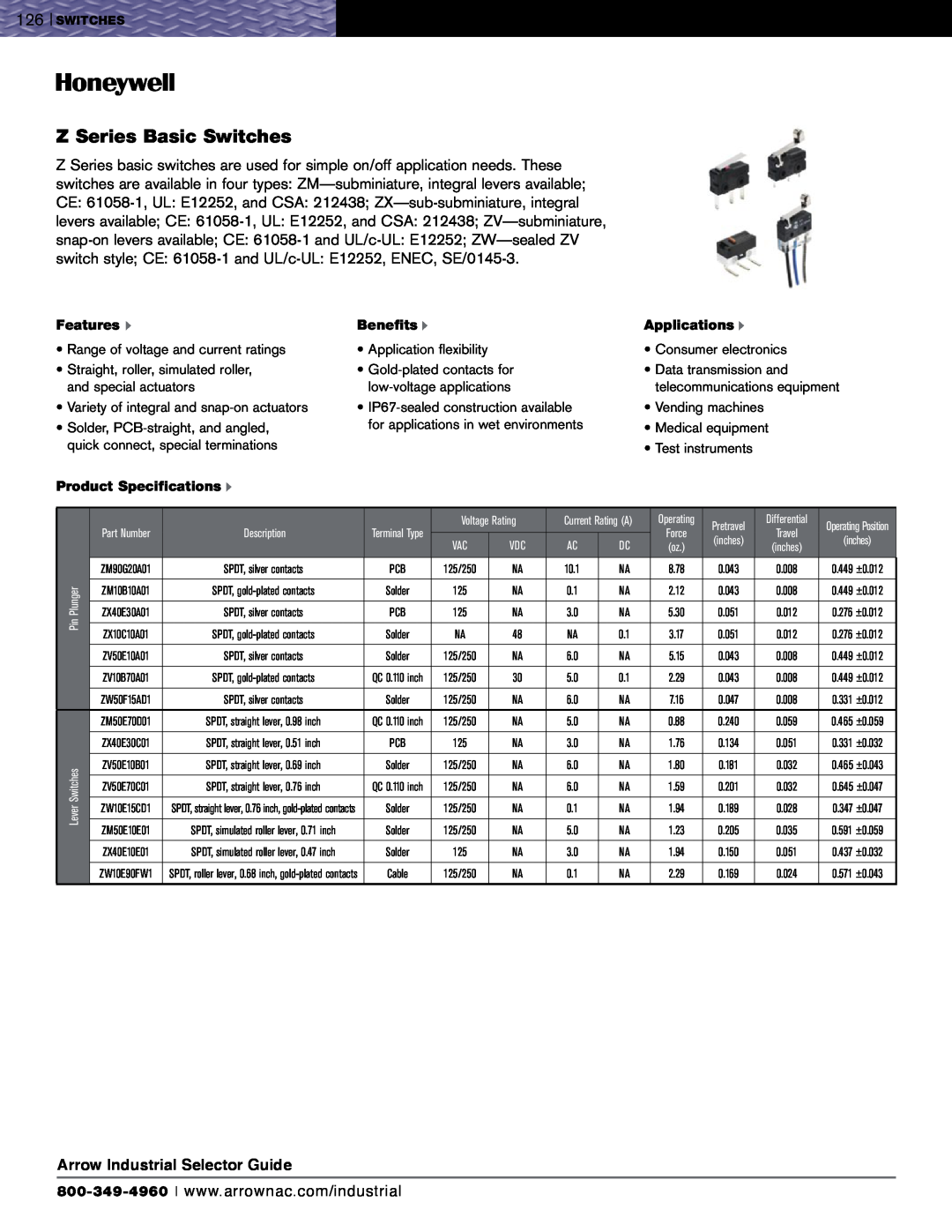 Honeywell EVN2000 Series Z Series Basic Switches, Arrow Industrial Selector Guide, Features u, Benefits u, Applications u 