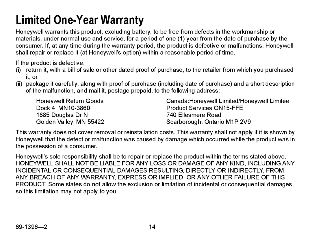 Honeywell T4700 manual Limited One-Year Warranty 