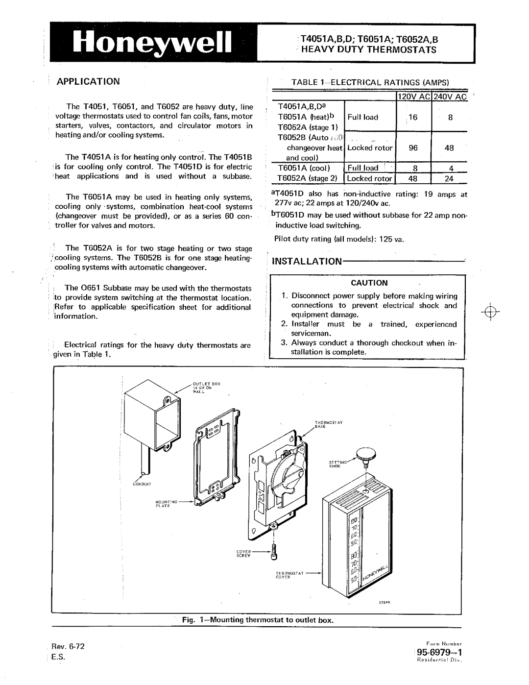 Honeywell T6051A1057 specifications Application, Electrical 