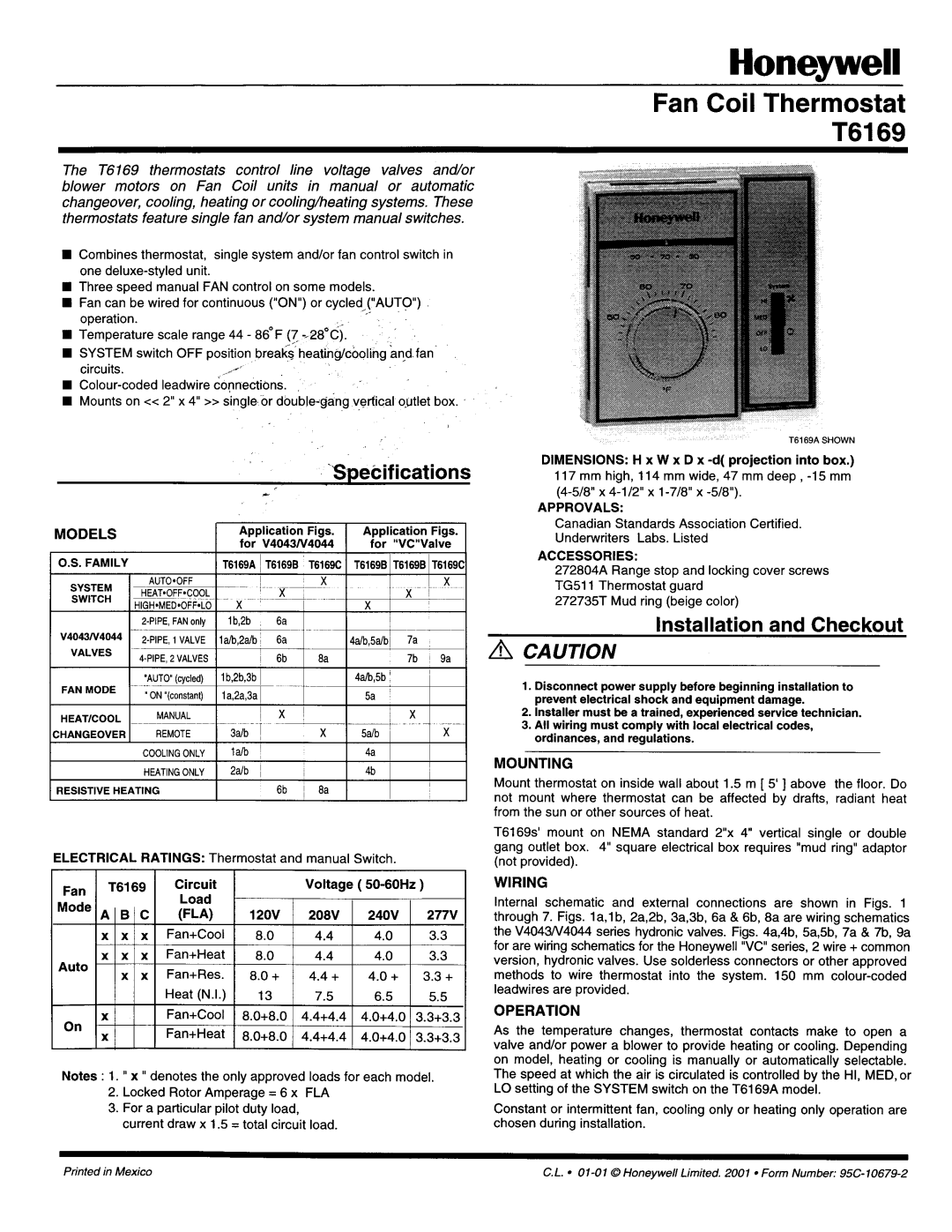 Honeywell T6169 manual 