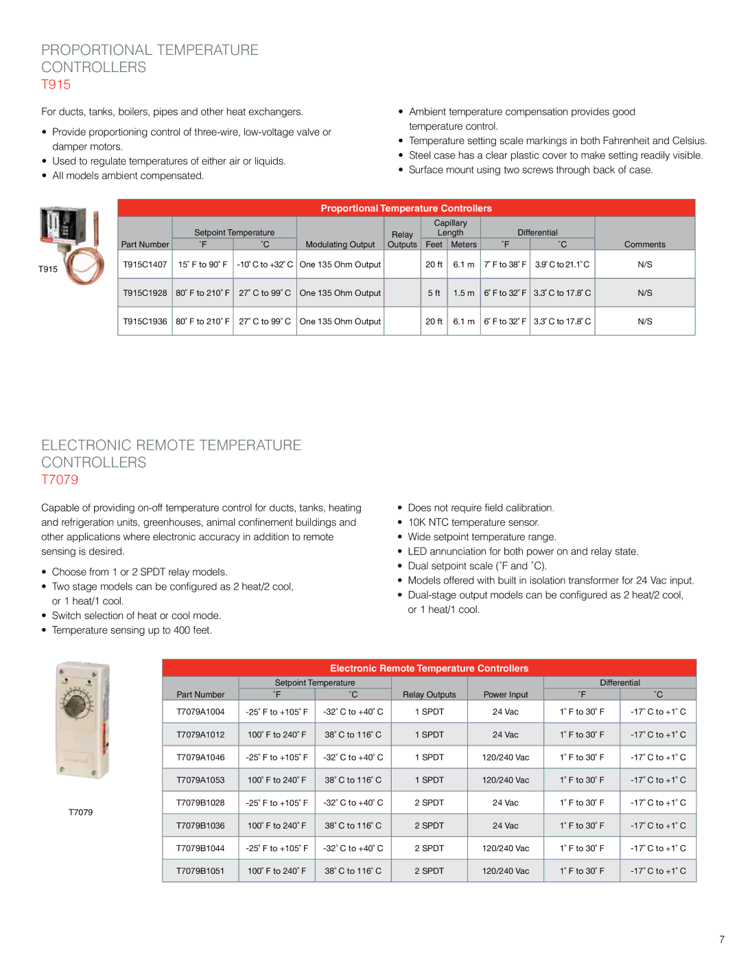 Honeywell T775A2009 manual Electronic remote temperature controllers, T915, T7079, Proportional Temperature Controllers 