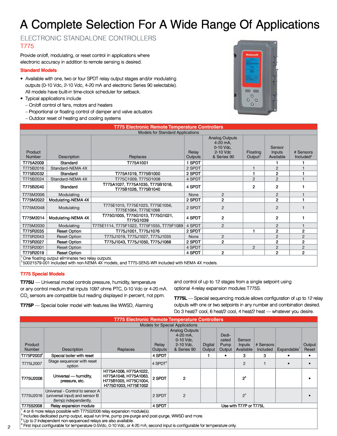 Honeywell T775A2009 manual Electronic Standalone Controllers, A Complete Selection For A Wide Range Of Applications 