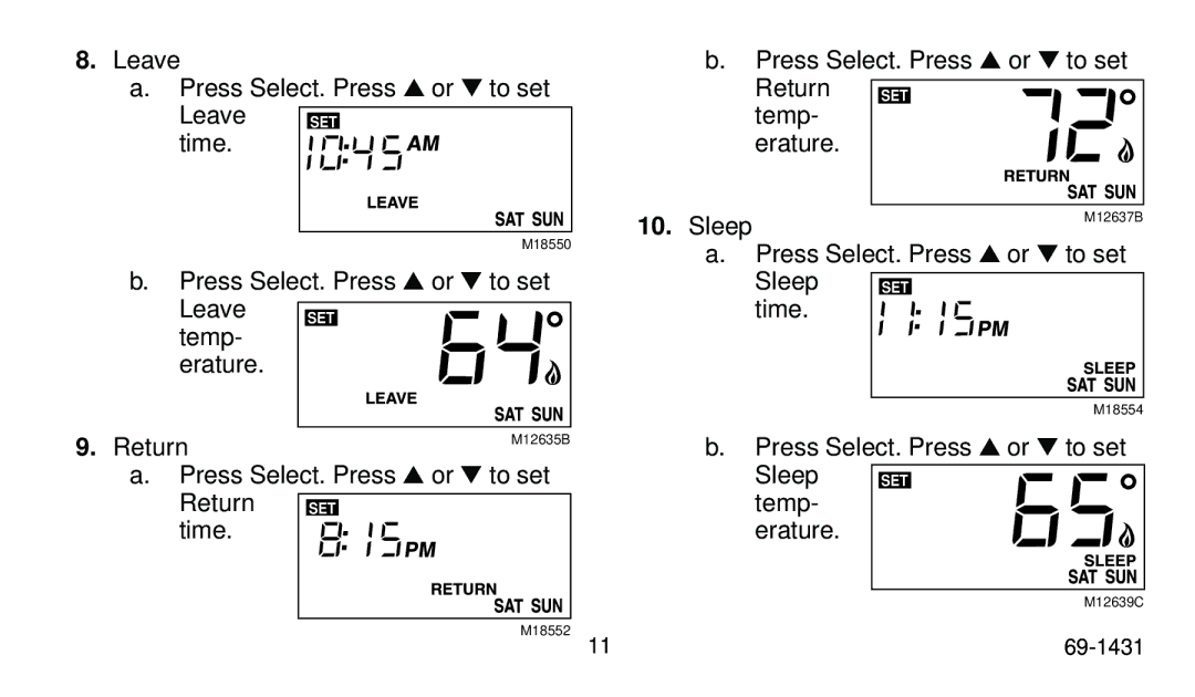 Honeywell T8024C, T8011R, T8001C, T8000C manual Press Select. Press or to set Leave SET temp Erature Return 