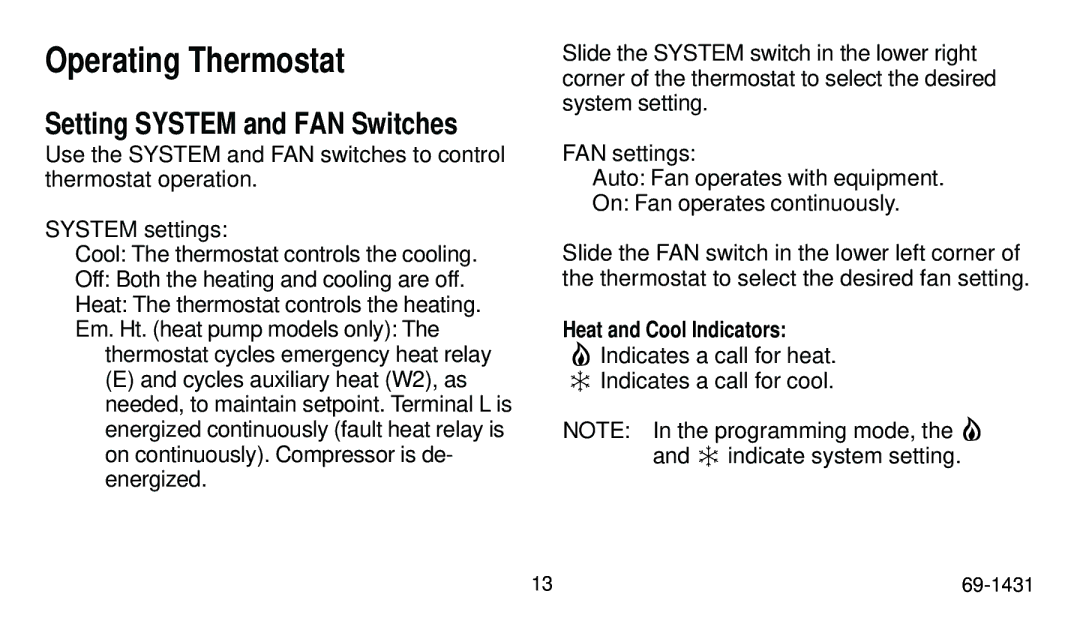 Honeywell T8001C, T8011R, T8000C, T8024C manual Operating Thermostat, Setting System and FAN Switches 