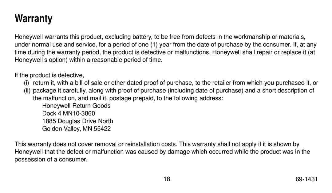 Honeywell T8000C, T8011R, T8001C, T8024C manual Warranty 