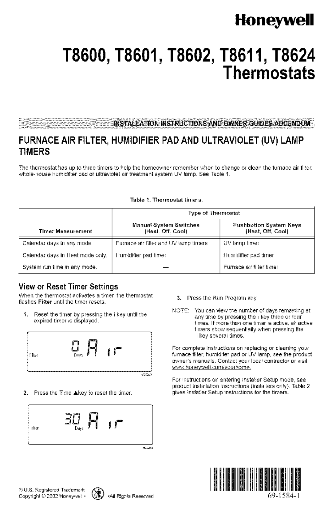 Honeywell owner manual T8600,T8601,T8602,T8611,T8624 Thermostats, ZqLI Pl, View or ResetTimer Settings 