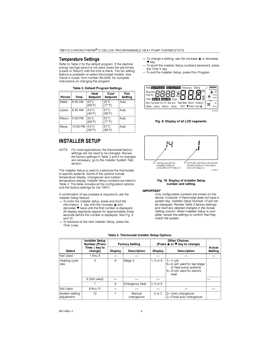 Honeywell T8611G installation instructions Installer Setup, Temperature Settings 