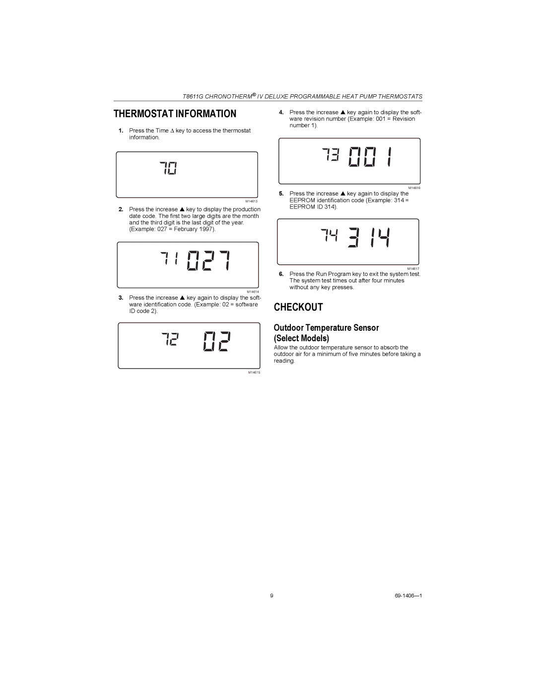 Honeywell T8611G Thermostat Information, Checkout, Outdoor Temperature Sensor Select Models, Example 027 = February 