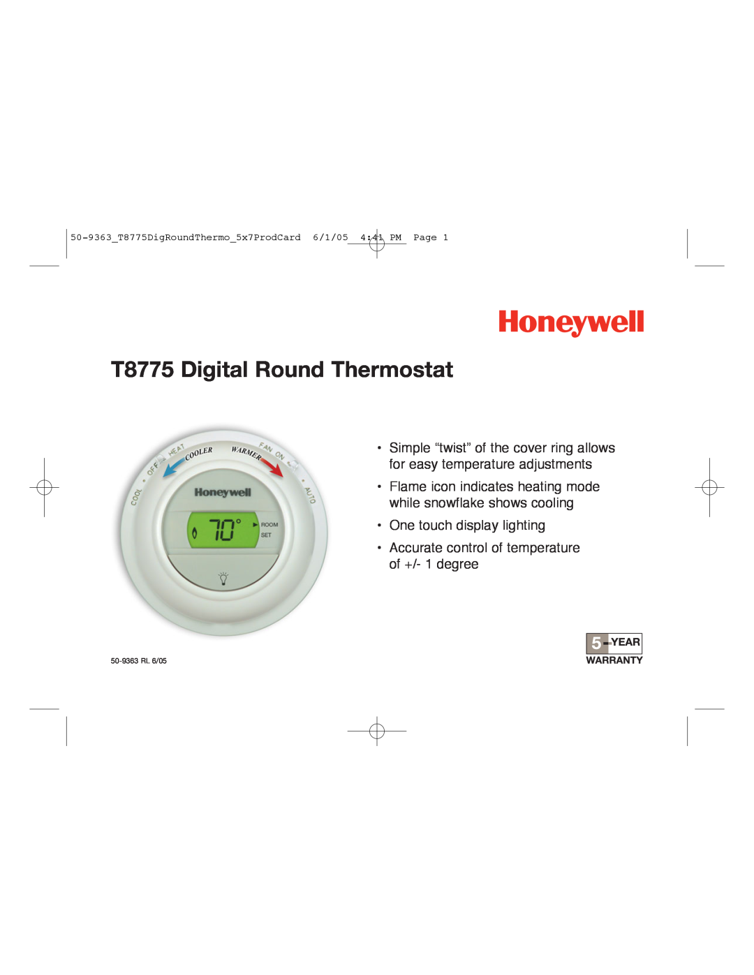 Honeywell manual T8775 Digital Round Thermostat, Flame icon indicates heating mode while snowflake shows cooling 