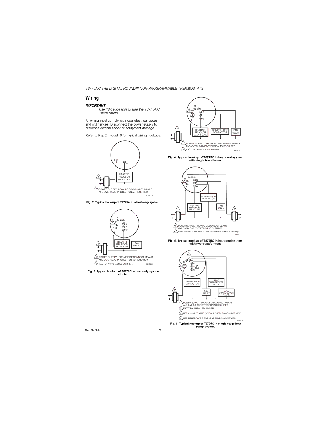 Honeywell T8775C installation instructions Wiring, Use 18-gauge wire to wire the T8775A,C Thermostats 