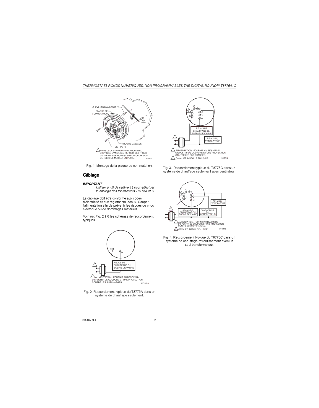 Honeywell T8775A, T8775C installation instructions Chevilles Dancrage Plaque DE Commutation Trou DE Câblage 