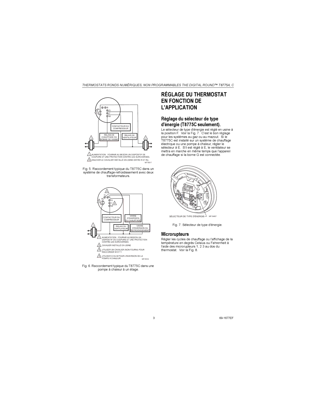 Honeywell Réglage DU Thermostat EN Fonction DE Lapplication, Réglage du sélecteur de type dénergie T8775C seulement 