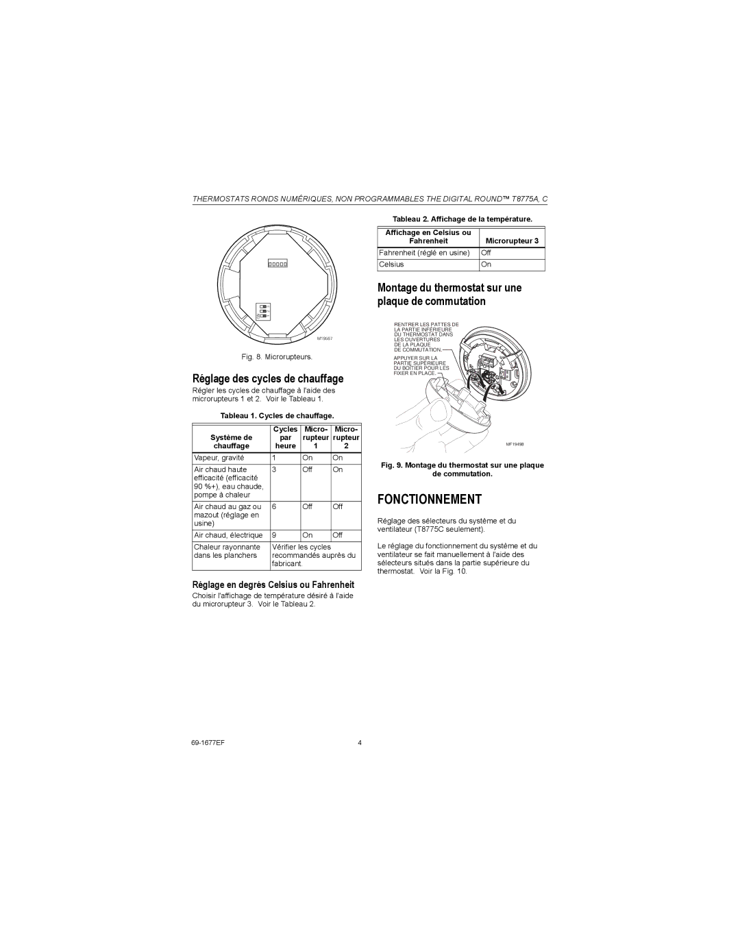 Honeywell T8775A Fonctionnement, Réglage des cycles de chauffage, Montage du thermostat sur une plaque de commutation 