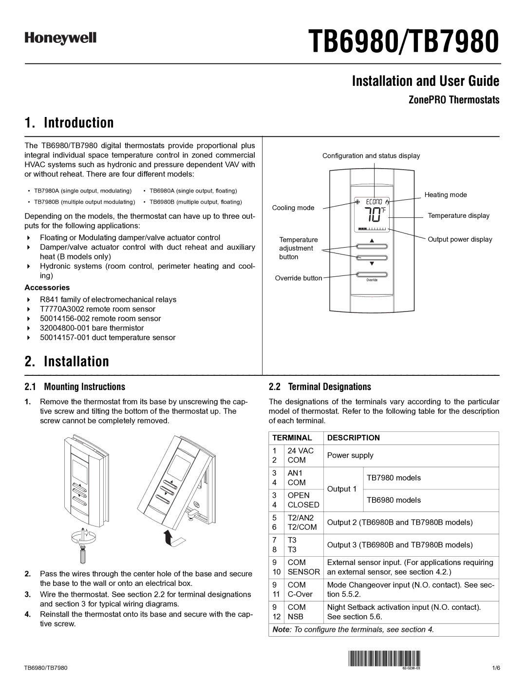 Honeywell TB6980, TB7980 manual Installation and User Guide, Introduction, Mounting Instructions, Terminal Designations 