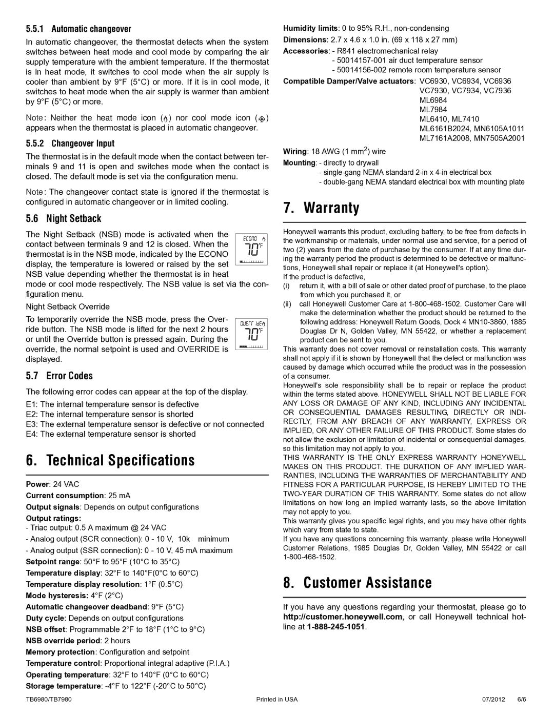 Honeywell TB7980, TB6980 manual Technical Specifications, Warranty, Customer Assistance, Night Setback, Error Codes 