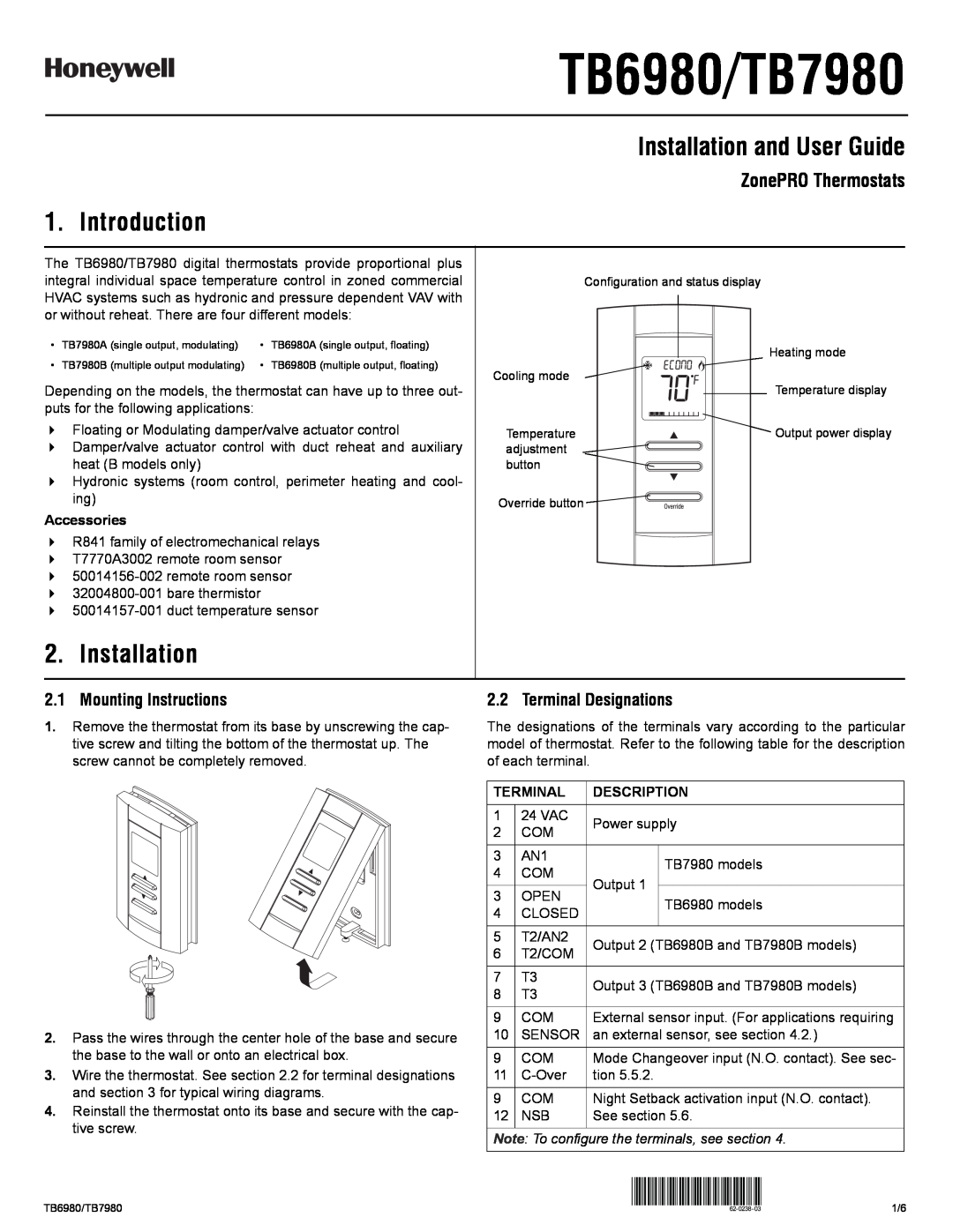 Honeywell TB6980, TB7980 manual Installation and User Guide, Introduction, Mounting Instructions, Terminal Designations 