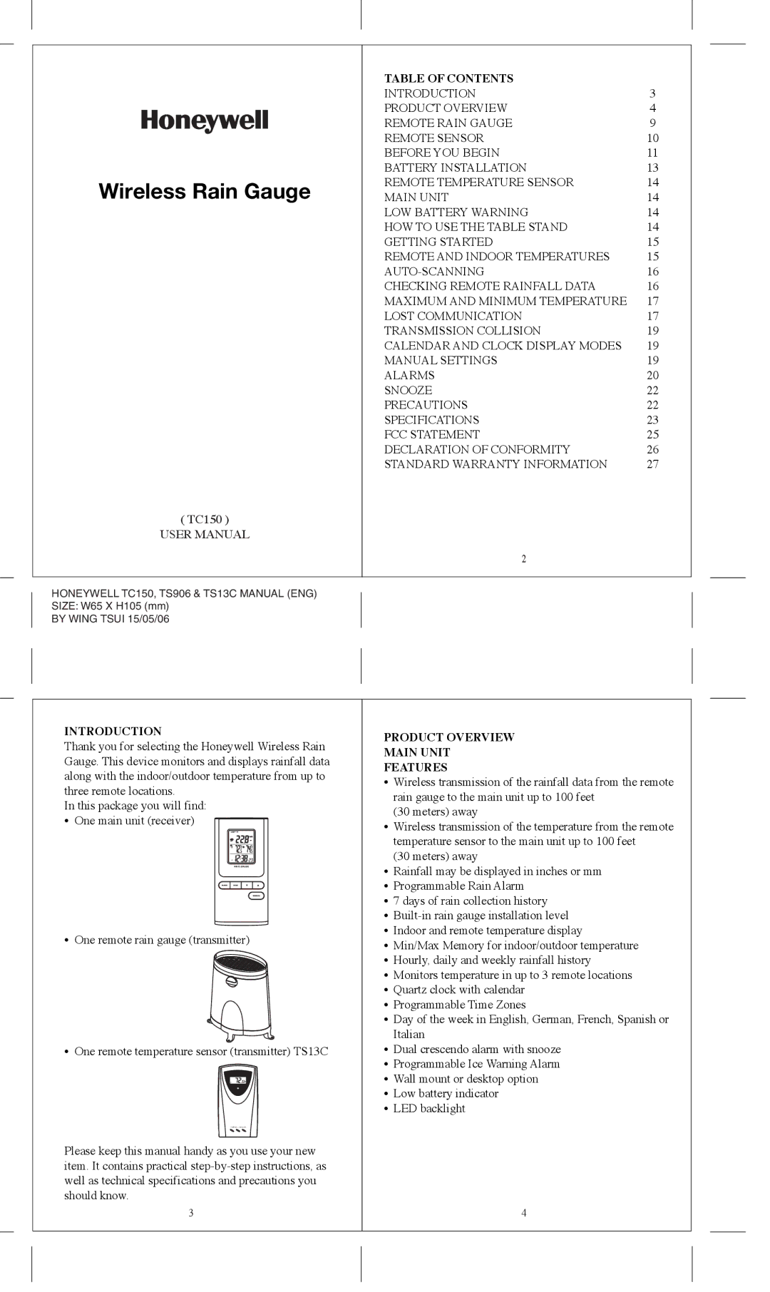 Honeywell TC150 user manual Table of Contents, Introduction, Product Overview Main Unit Features 