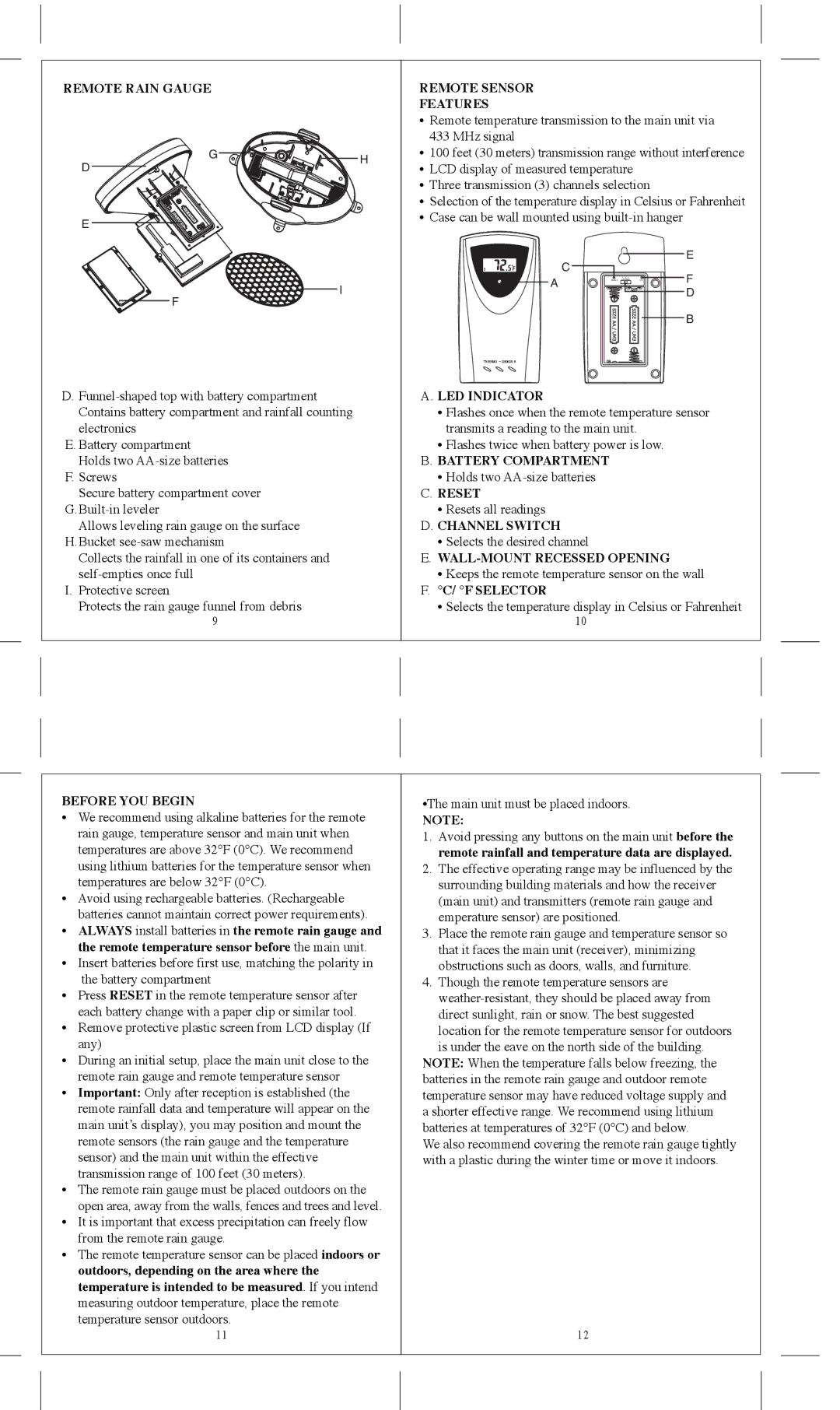 Honeywell TC150 user manual Remote Rain Gauge, Remote Sensor Features, LED Indicator, Reset, Channel Switch, F Selector 