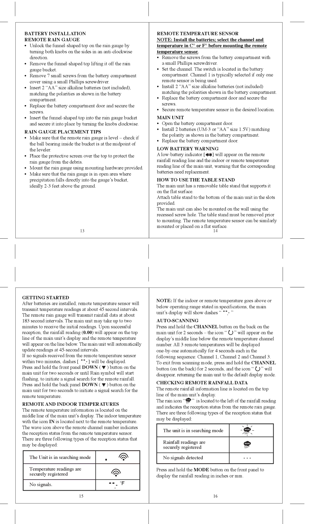 Honeywell TC150 user manual Battery Installation Remote Rain Gauge, Rain Gauge Placement Tips, Remote Temperature Sensor 