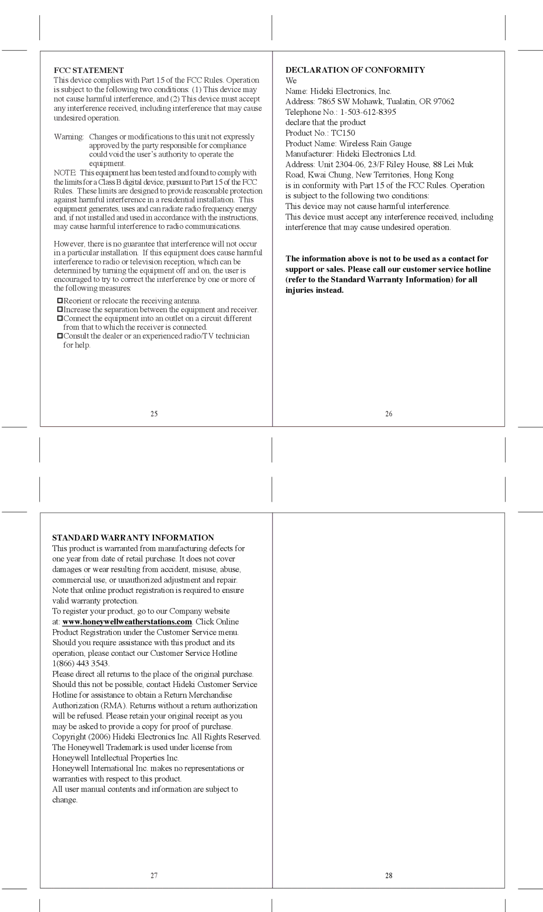 Honeywell TC150 user manual FCC Statement Declaration of Conformity, Standard Warranty Information 