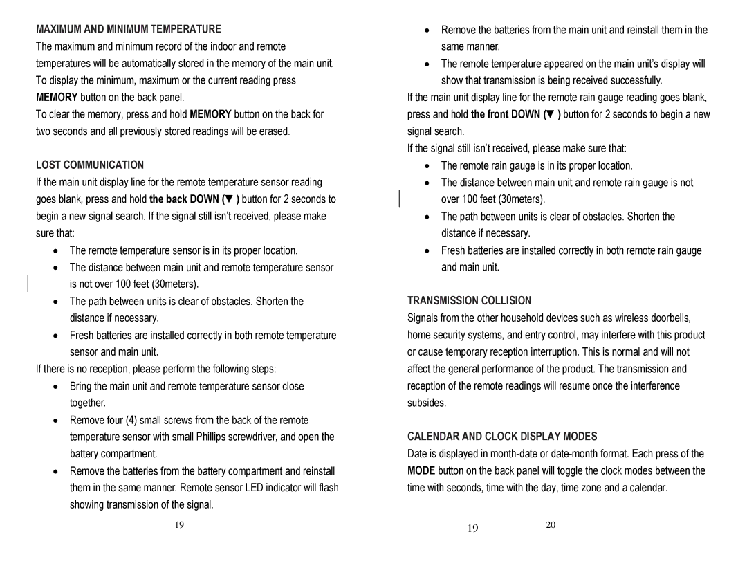 Honeywell TC150 user manual Maximum and Minimum Temperature, Lost Communication, Transmission Collision 