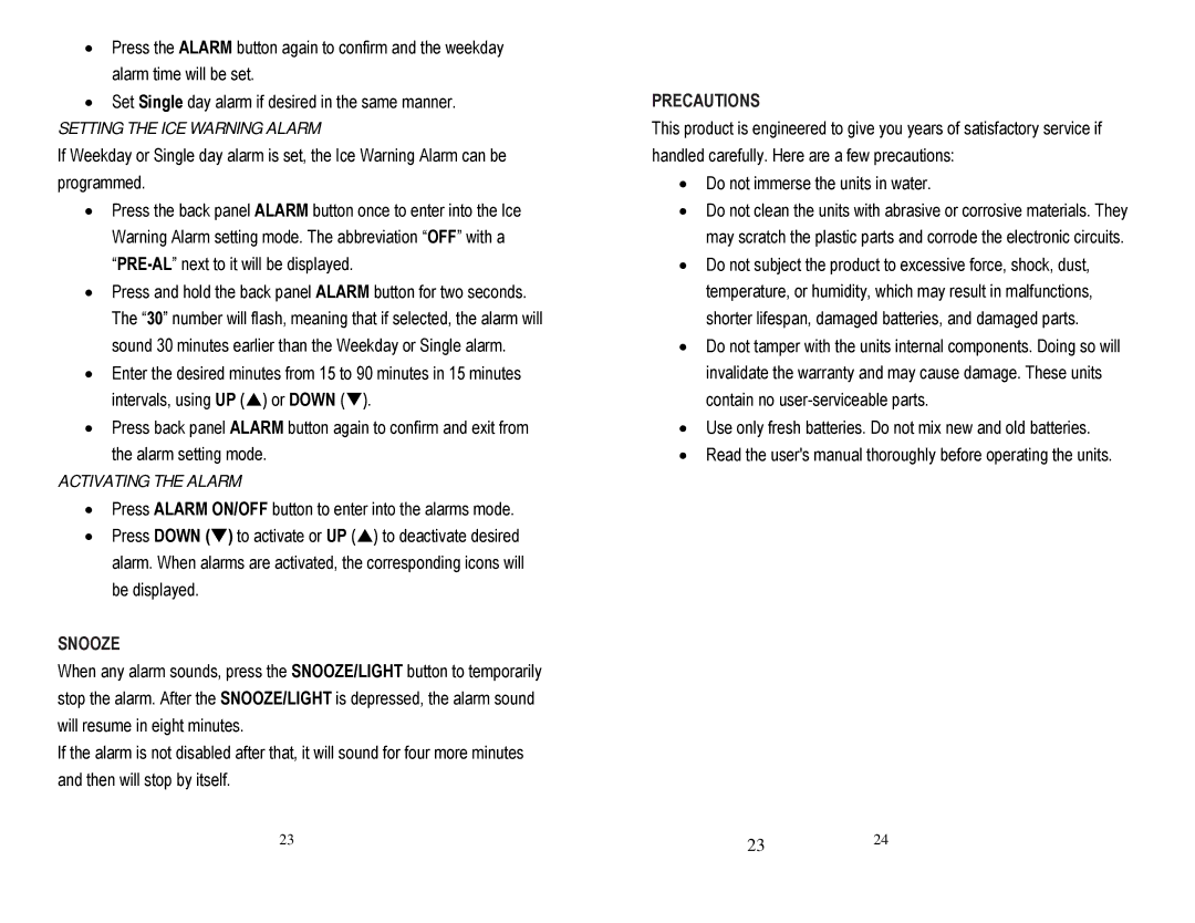 Honeywell TC150 user manual Setting the ICE Warning Alarm, Activating the Alarm, Snooze, Precautions 