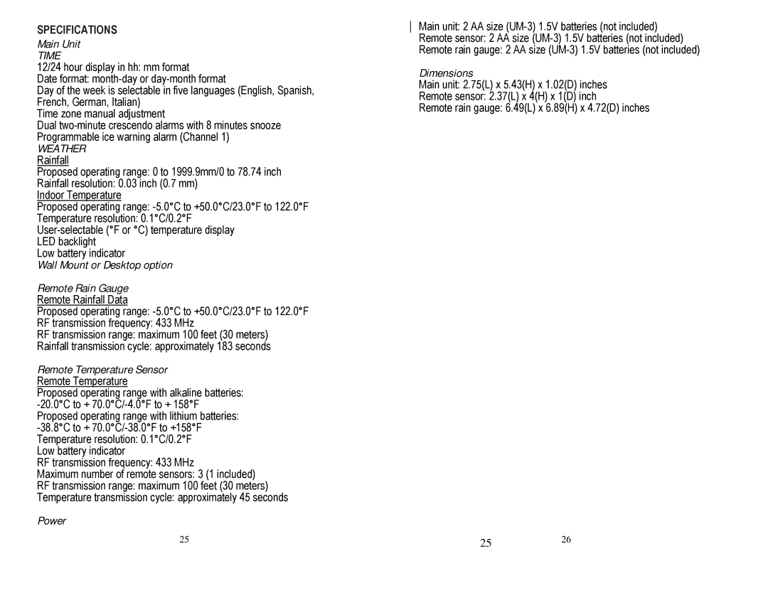 Honeywell TC150 user manual Specifications, Time, Weather 