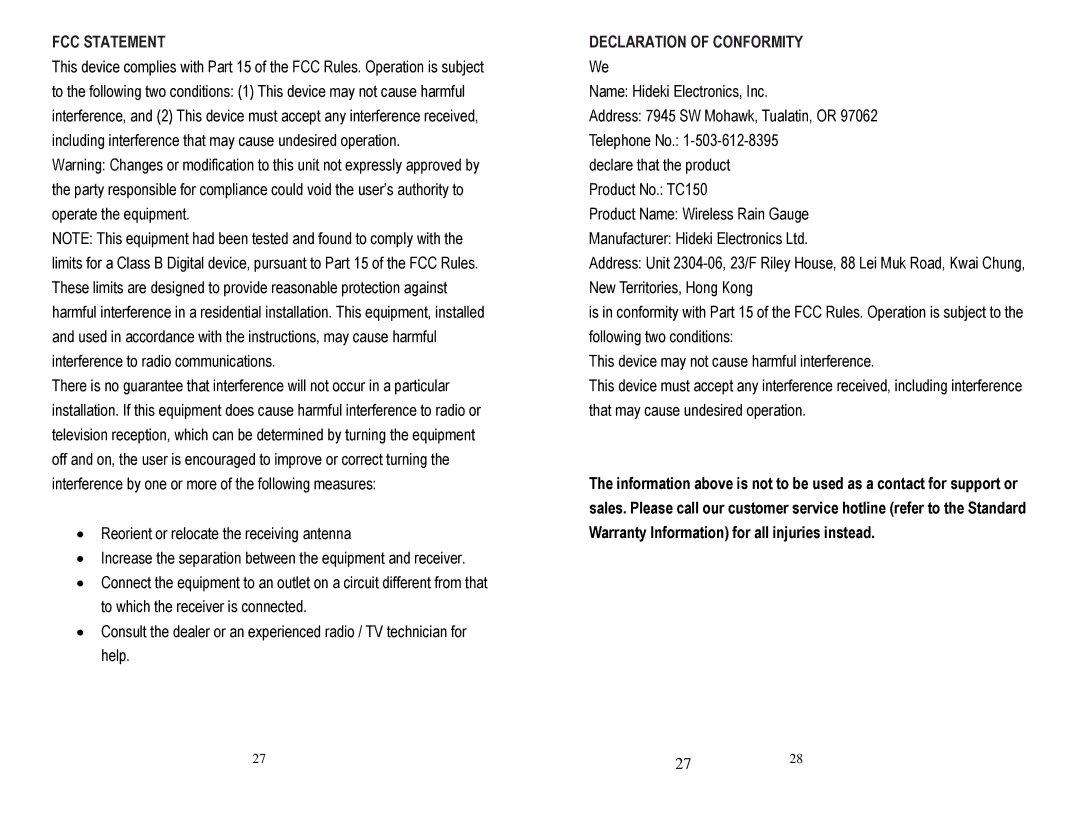 Honeywell TC150 user manual FCC Statement, Declaration of Conformity 